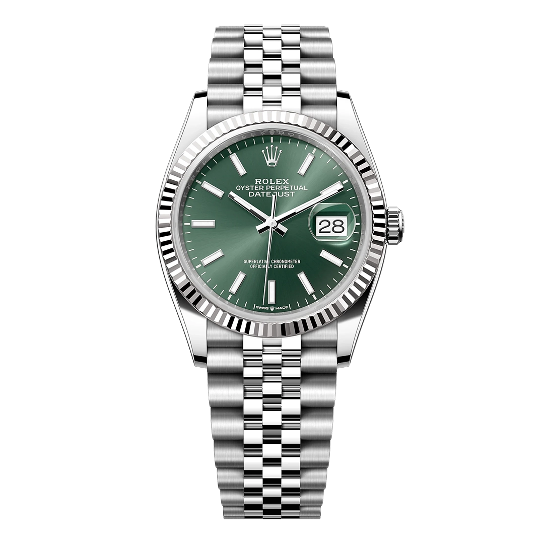 silver watch with a green face on a white background